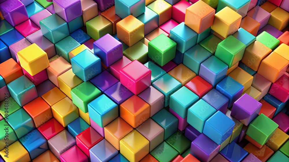 Poster vibrant 3d cubes in various sizes and colors intersect and overlap, forming a mesmerizing abstract g