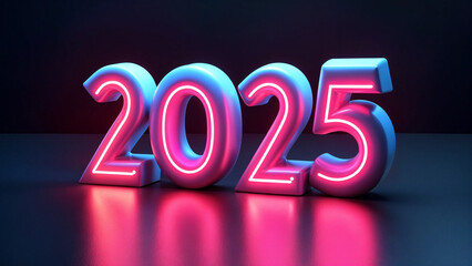 2025 New Year Concept with Neon Numbers and Reflective Surface