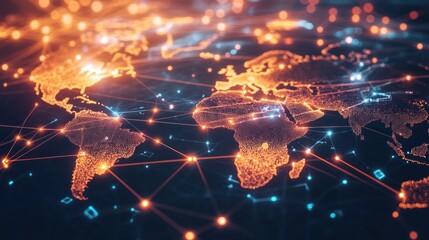 Abstract representation of a global network with glowing lines and dots connecting different regions around the world, symbolizing connectivity and communication across borders