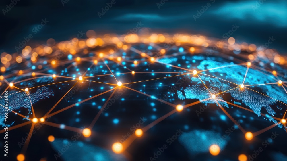 Poster abstract representation of a global network with glowing lines and dots connecting different regions