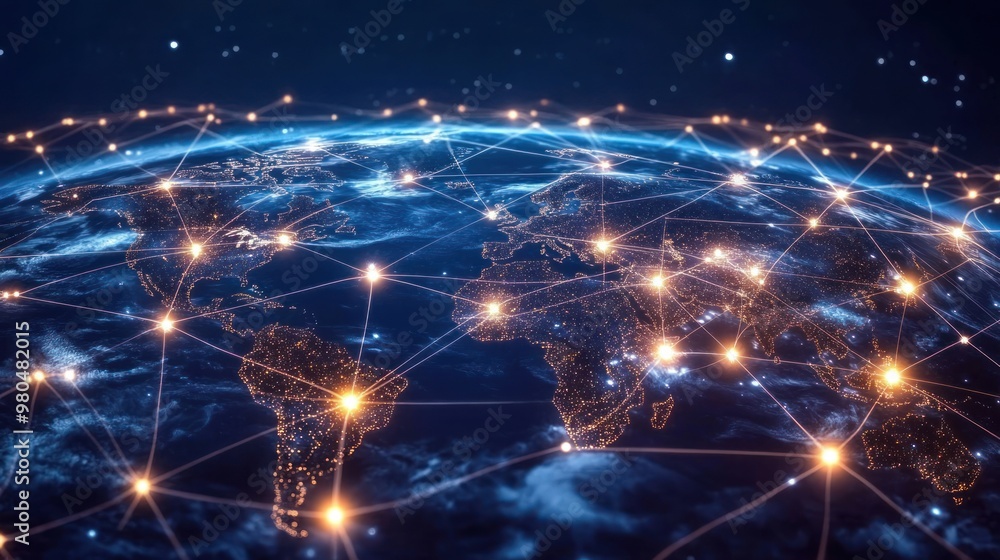Poster abstract representation of a global network with glowing lines and dots connecting different regions