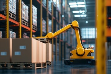 Fototapeta premium A Robot Stacks Pallets In A Distribution Center. The Stacking Is Done Quickly And Accurately