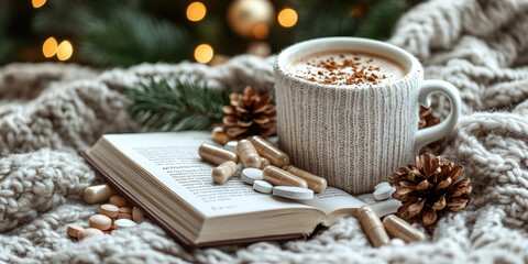 Cup of hot chocolate sits on a book with various pills and capsules scattered around it, evoking a cozy and comforting atmosphere during the holiday season. Seasonal virus. Treatment