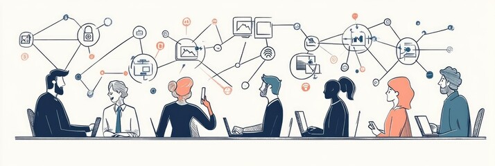 Business Team Collaborating in Modern Office with Digital Network and Technology Icons in Background
