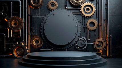 3d Mock up Slate gray podium with industrial pipes and mechanical gears Pedestal stage for tool product presentation Industrial scene for advertising Sale promotion background
