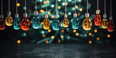 Colorful glass flasks in a modern lab symbolizes science and innovation, perfect for concepts like research and experimentation. Banner. Copy space