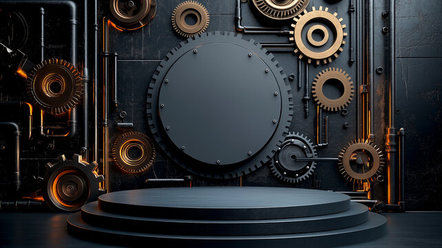 3d Mock up Slate gray podium with industrial pipes and mechanical gears Pedestal stage for tool product presentation Industrial scene for advertising Sale promotion background