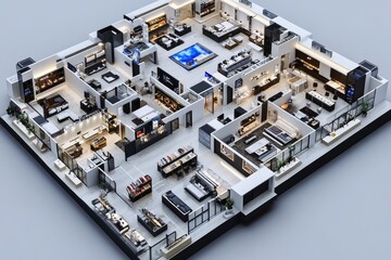 3D floor plan of a modern apartment with multiple rooms and amenities symbolizing urban living space management and functional design in contemporary residential architecture
