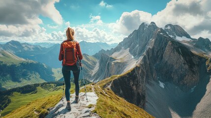 Adventurous woman hiking in a mountain range with breathtaking views
