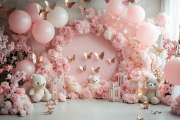 A pink and white room with a pink and white theme