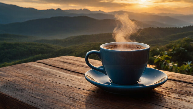 Steaming cup of coffee on a wooden table with a view of misty mountains and sunrise in the background.