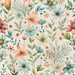 Vintage floral pattern with delicate wildflowers in soft pastel tones 부드러운 파스텔 톤의 섬세한 야생화가 있는 빈티지 꽃 패턴
