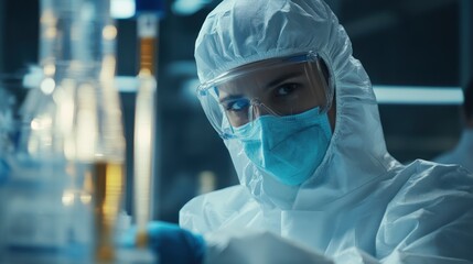 Biotechnology engineer in protective gear working with advanced bioreactors and cellular cultures, focusing on the innovative processes of genetic modification Close-up photo with clean background