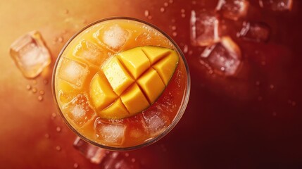 Refreshing Mango Juice with Ice Cubes in a Glass - Top View of Tropical Summer Beverage on a Warm Background