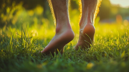 walking or run barefoot on a grass
