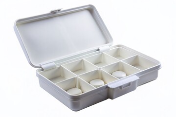 Empty white medication box with open lid and compartments, isolated on a clean white surface, awaiting custom labeling and pharmaceutical branding design.