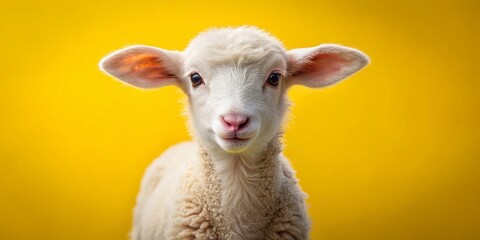 Obraz premium Adorable little lamb with fluffy white fur and bright curious eyes stands alone on a vibrant yellow background, evoking feelings of innocence and springtime joy.