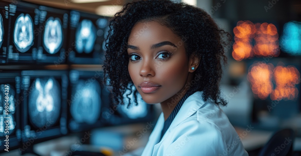 Wall mural Young Female Doctor Analyzing Brain Scans in a Modern Medical Facility with Advanced Technology