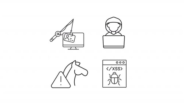 Cyberterrorism animation set. Privacy vulnerability animated line icons. Identity steal, backdoor trojan. Black illustrations on white background. HD video with alpha channel. Motion graphic