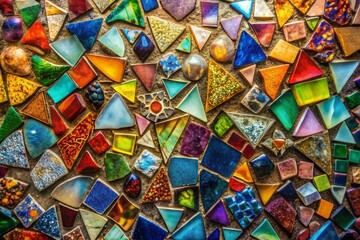 Fototapeta premium Vibrant shards of broken glass in mesmerizing hues, artistically arranged to form a stunning mosaic, evoking emotions with its intricate, kaleidoscopic beauty.