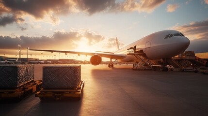 Cargo plane being loaded with large containers at an international airport, representing the air freight industry and global logistics solutions