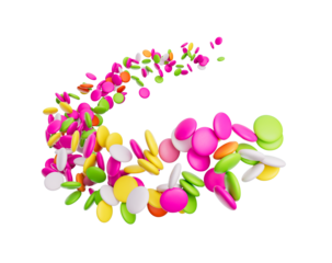 3d Colorful Candy Beans, 3d Rounded Rainbow Candies Flowing Coming In The Air 3d illustration
