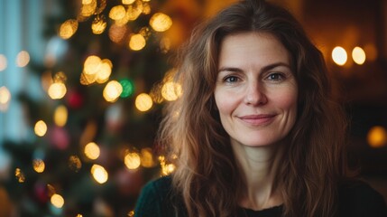 Fototapeta premium Cozy Ukrainian living room with woman smiling during Christmas celebration, festive lights, and decorated tree enhancing warmth