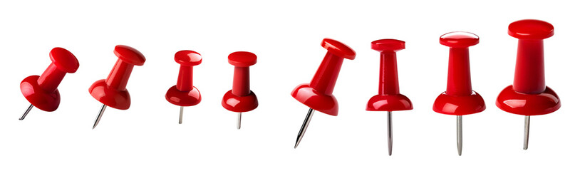 A row of red push pins of varying sizes isolated on a white background. Useful for office, school, and organizational purposes.