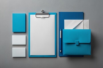 Minimalist top view of a modern stationery design mockup set featuring a blue color scheme on a grey background, complete with a folder, letter, envelope, and business card.