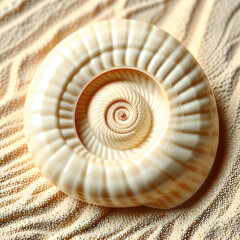 A detailed view of a seashell, with its spiral structure and fine ridges highlighted against a soft, sandy background.