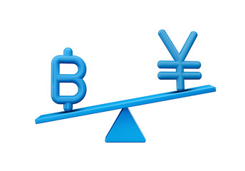 3d Blue Baht And Yen Symbol Icons With 3d Blue Balance Weight Seesaw, 3d illustration
