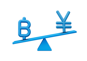 3d Blue Baht And Yen Symbol Icons With 3d Blue Balance Weight Seesaw, 3d illustration

