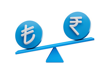 3d White Lira And Rupee Symbol On Rounded Blue Icons With 3d Balance Weight Seesaw, 3d illustration
