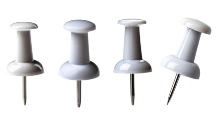 Four white push pins arranged in a line, isolated on a white background. Perfect for office, school, or home organization imagery.