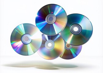 Sleek CD/DVD mockups suspended in mid-air, isolated on a pristine white background, ideal for highlighting music or software packaging designs in a contemporary setting.