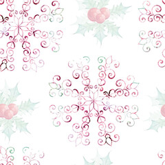 Christmas watercolor seamless pattern - openwork snowflake. Bouquet with holly green leaves and red berries. Winter composition, decor in retro style. For wallpaper, background, fabric, printing