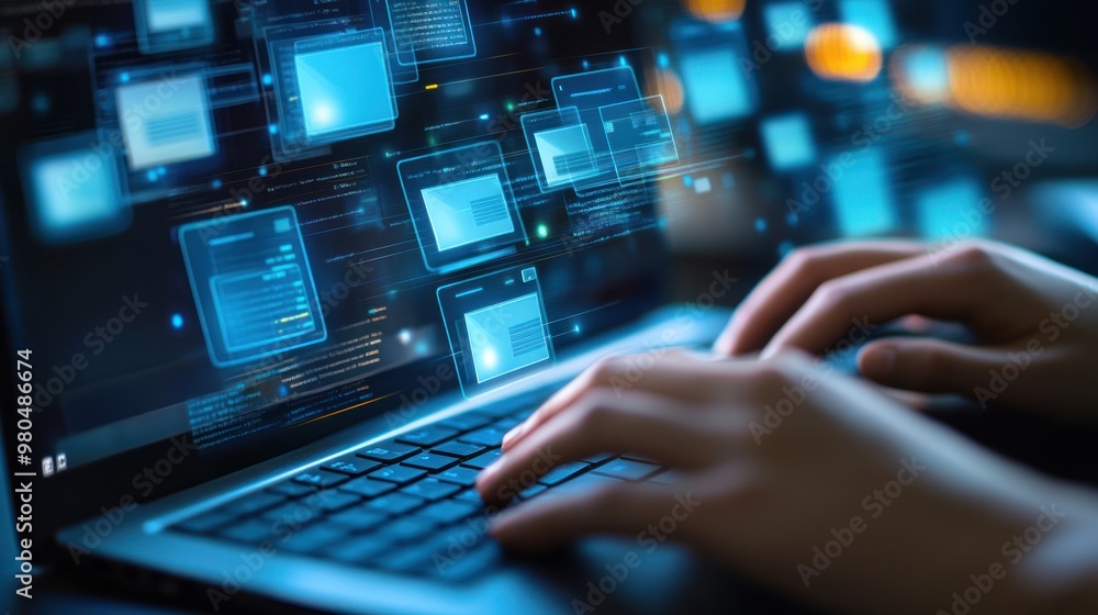 Poster close-up of hands typing on a keyboard with a corporate file archiving software interface on the mon