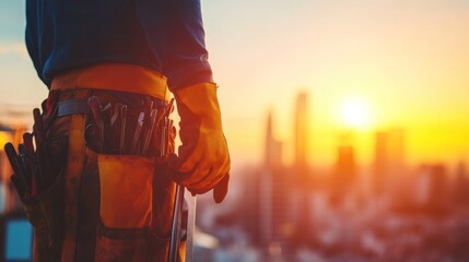 Close-up of construction workers hands holding tools and materials with a blurred city skyline in the background