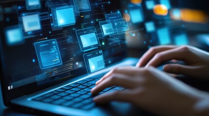 Close-up of hands typing on a keyboard with a corporate file archiving software interface on the monitor, organized folders and digital documents highlighted for efficient storage