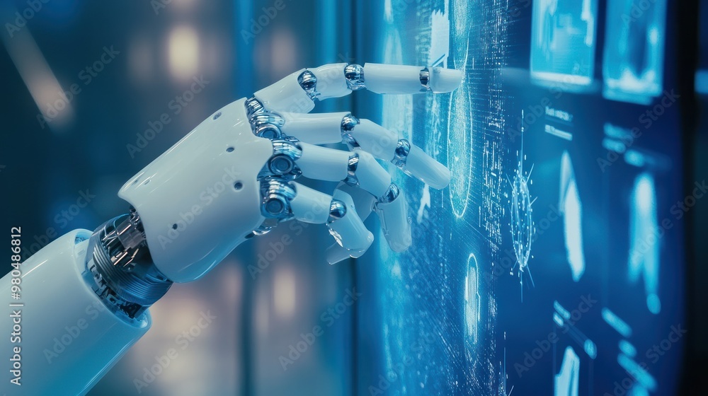 Poster close-up of robotic hand interacting with a touchscreen, illustrating the integration of ai and huma
