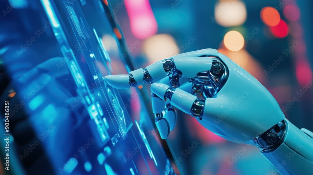 Poster close-up of robotic hand interacting with a touchscreen, illustrating the integration of ai and huma