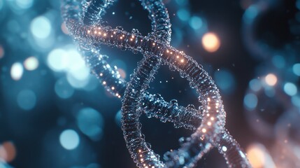 Close-up view of a DNA double helix structure with clear representation of nucleotide pairs, showing the intricate spiral and bonds, set against a backdrop of a high-tech laboratory environment