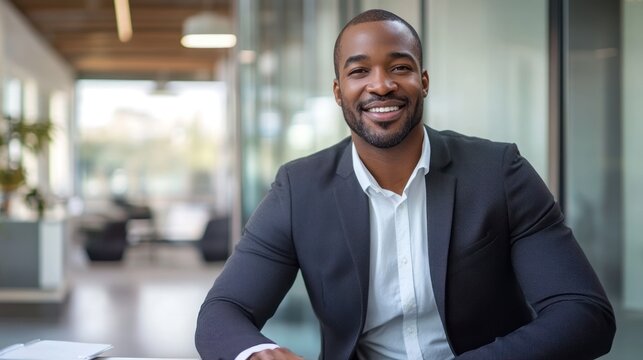 Confident businessman smiling at his desk, reviewing documents with a modern office background Close-up photo with clean background