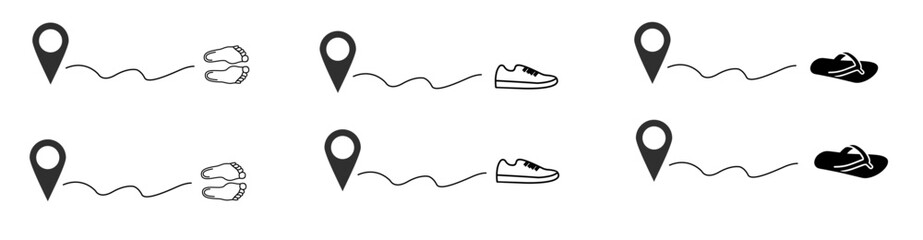 Trajectory of movement. The direction of movement of human tracks in a dashed line from a given starting waypoint. Isolated vector elements.