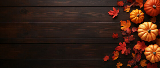pumpkins and fall leaves, wooden background, concept of thanks giving
