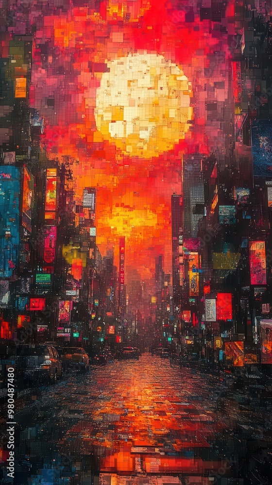 Wall mural surreal digital landscape of fragmented tv screen glitchy pixels and distorted images create chaotic