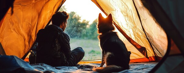 A peaceful camping scene featuring a person and a dog gazing at a sunset through a tent, capturing a moment of tranquility in nature.