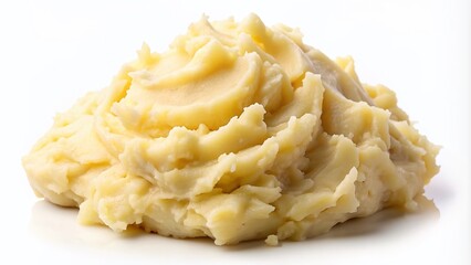 Creamy mashed potatoes heap in a neat pile on a pristine white background, ready for easy cutout, with a rounded shape and smooth edges.