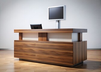 Modern event registration counter with sleek wooden finishing and digital information display screen on black pedestal against clean white background and minimal decor.