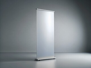 Isolated studio shot of a blank roll-up banner mockup standing upright on a sleek grey background, with a subtle gradient and soft lighting effect.